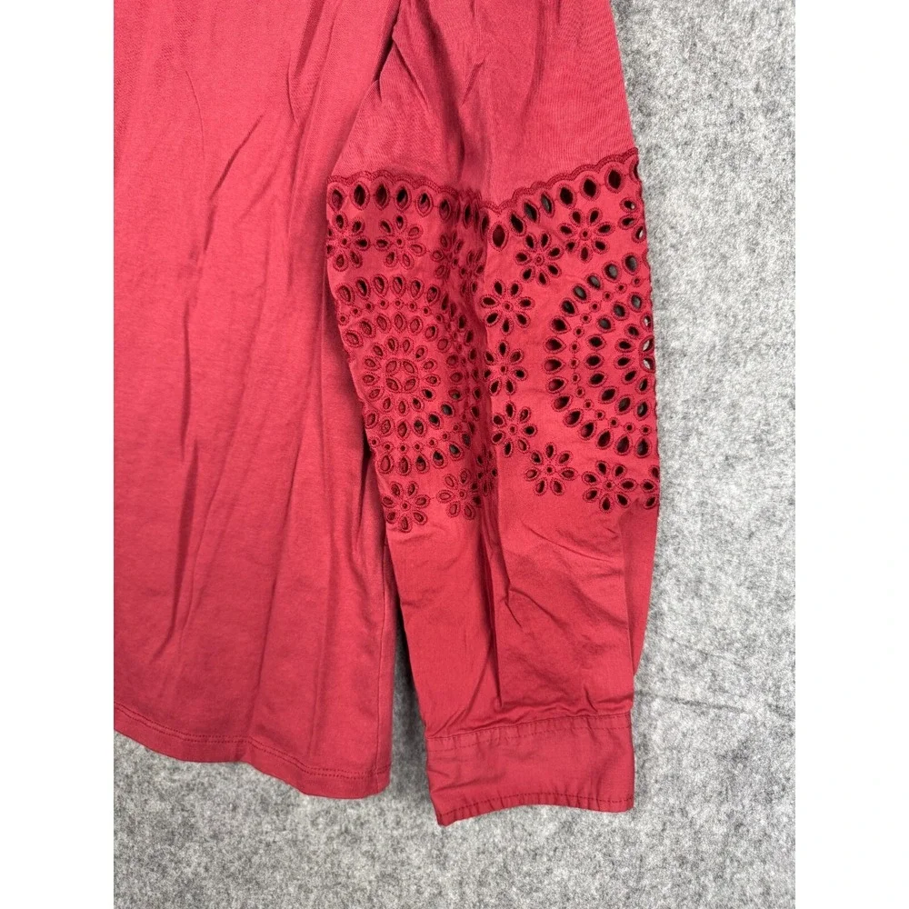 REBECCA TAYLOR LA VIE Top Women's Medium Red Long Sleeve Lace Peasant Cotton *